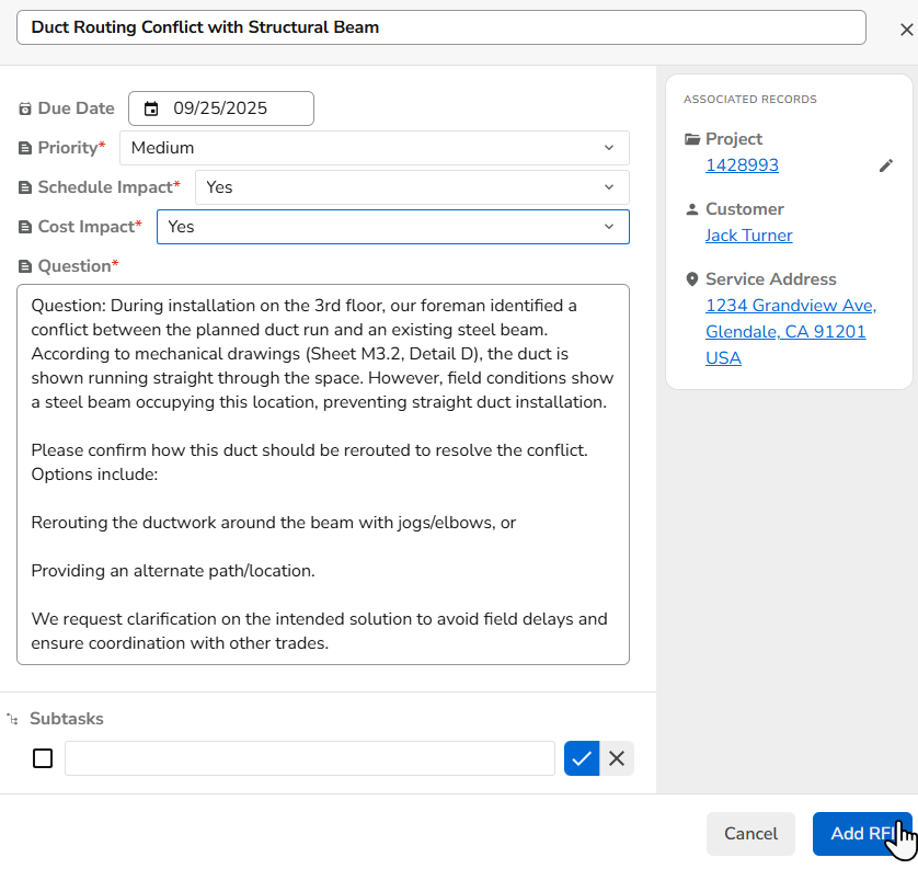 ServiceTitan Docs for RFI and Change Order Request Records