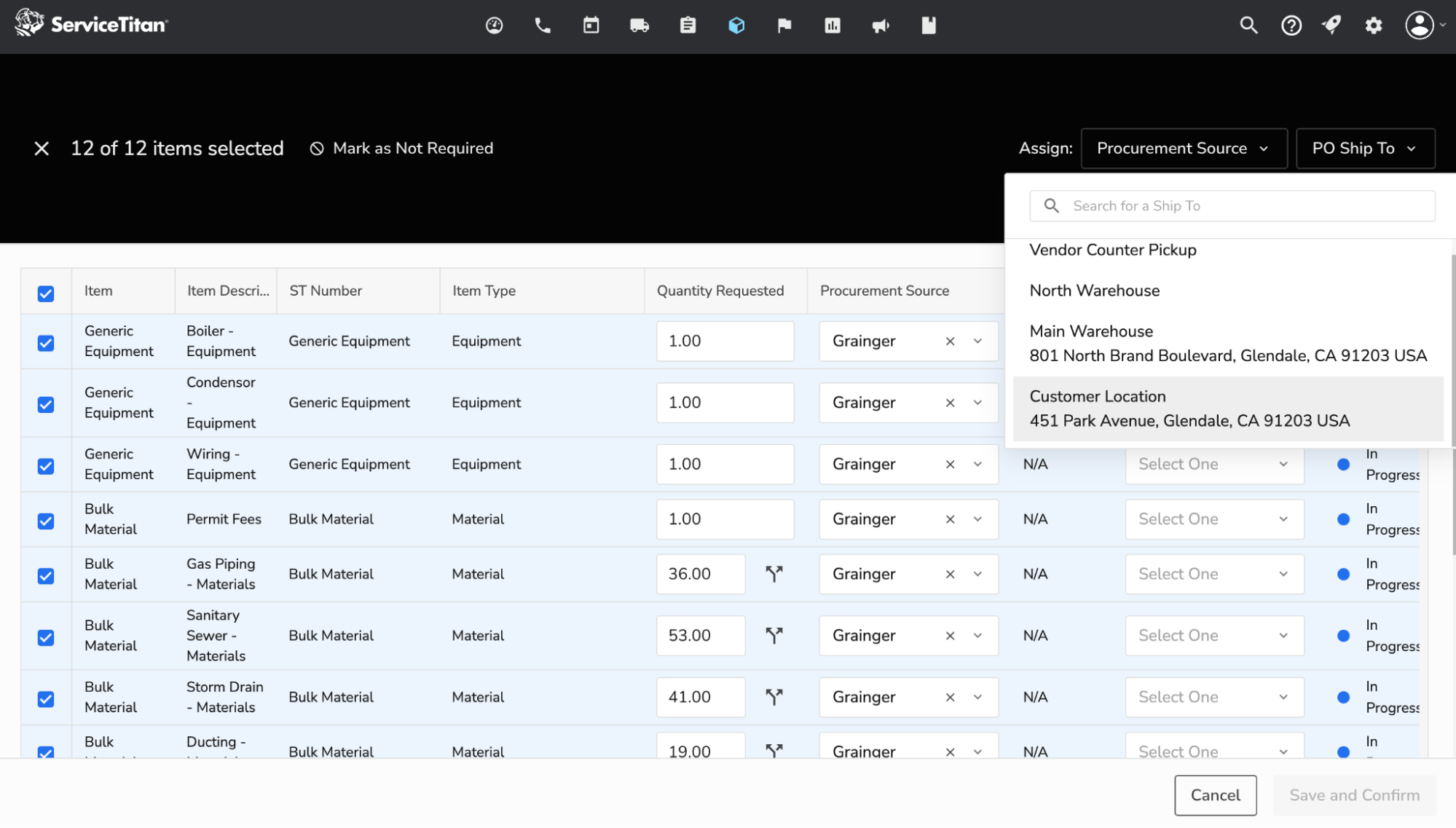 Purchase Order: 12 of 12 Items Selected