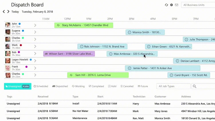 Field service software: dispatching board by ServiceTitan