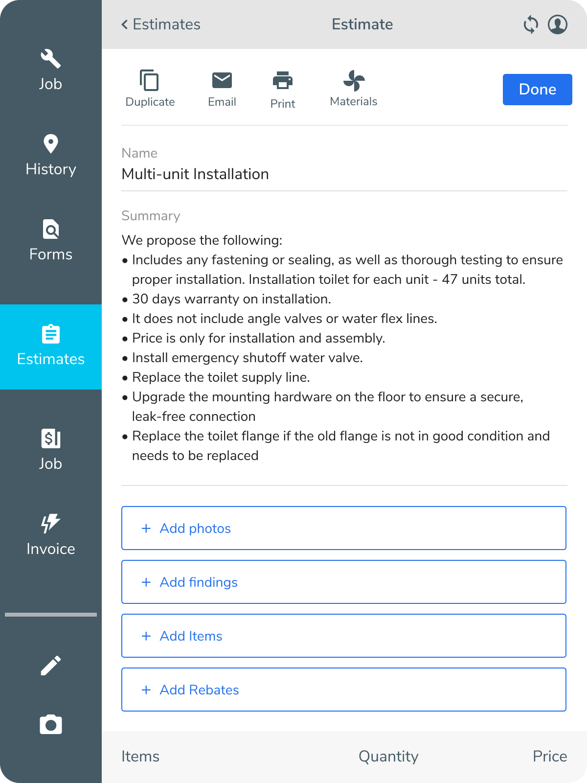 Multi-Unit Installation Estimate example