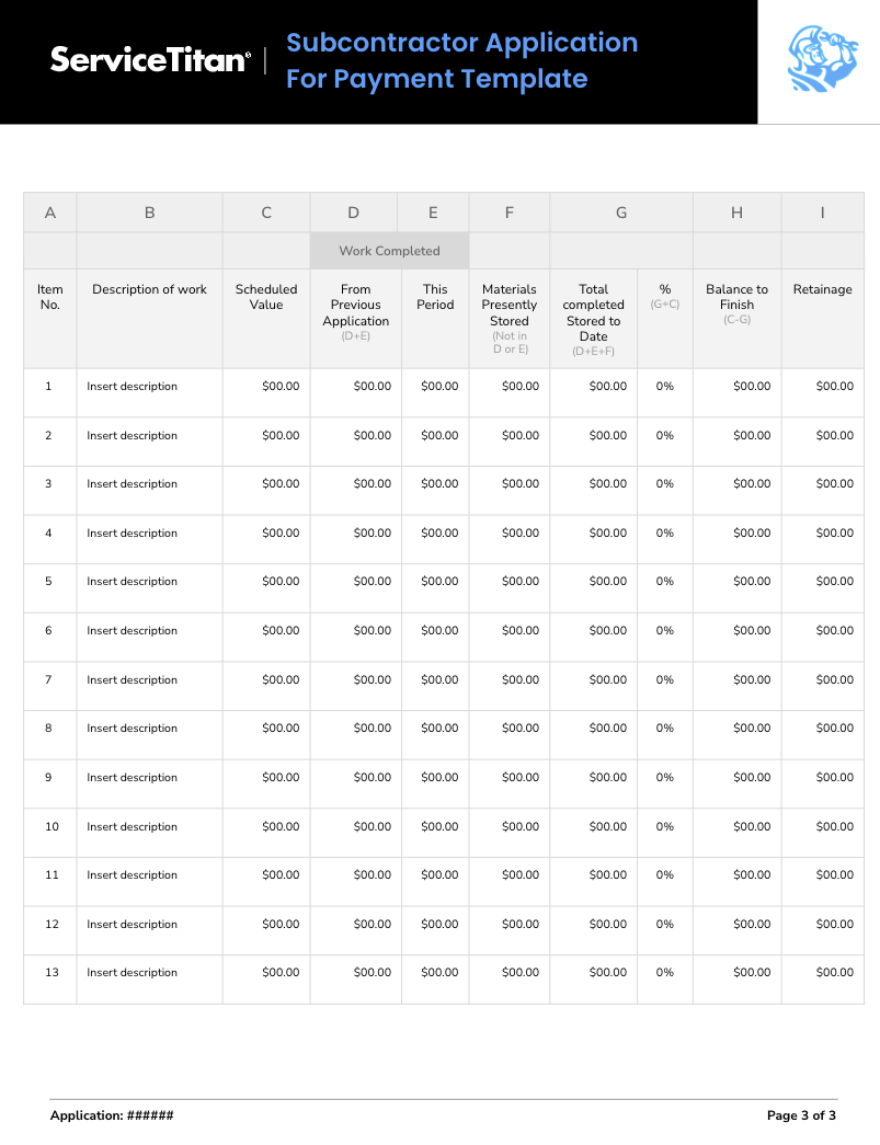 Subcontractor Application for Payment Template: Description of Work and Retainage