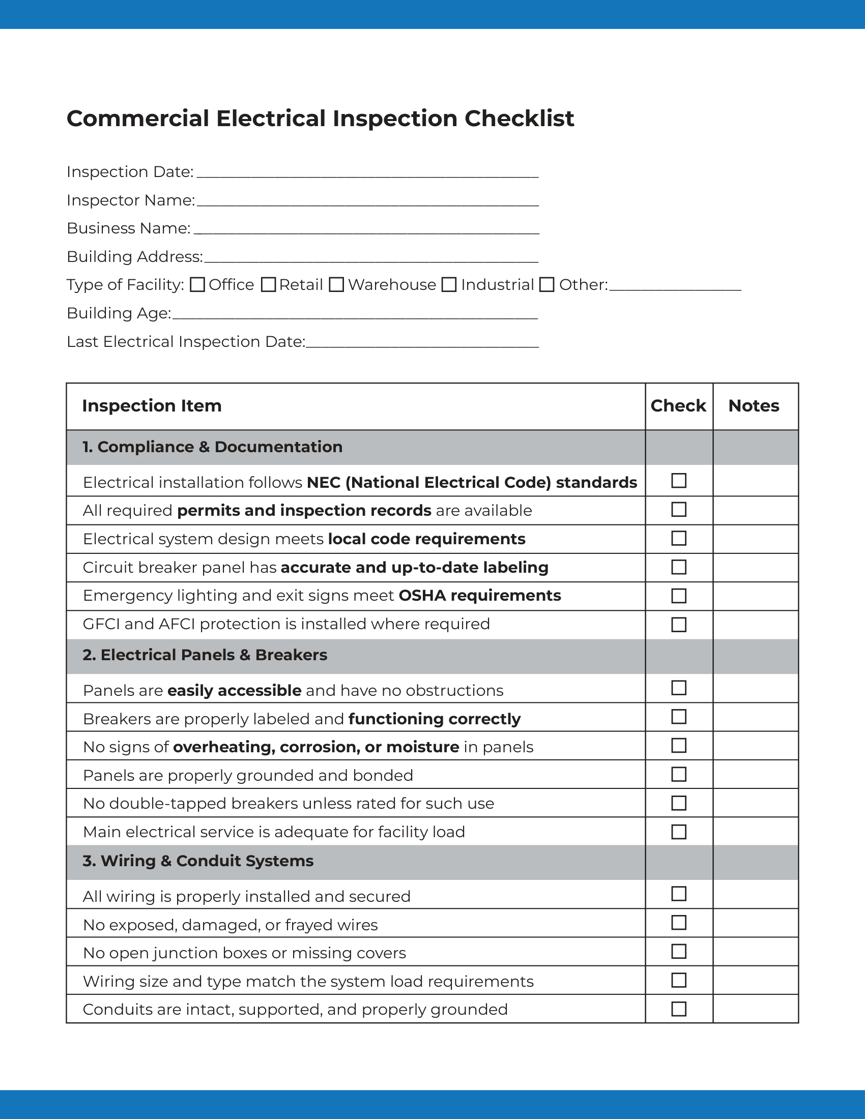 Commercial Electrical Inspection Checklist: Page 1 of 2