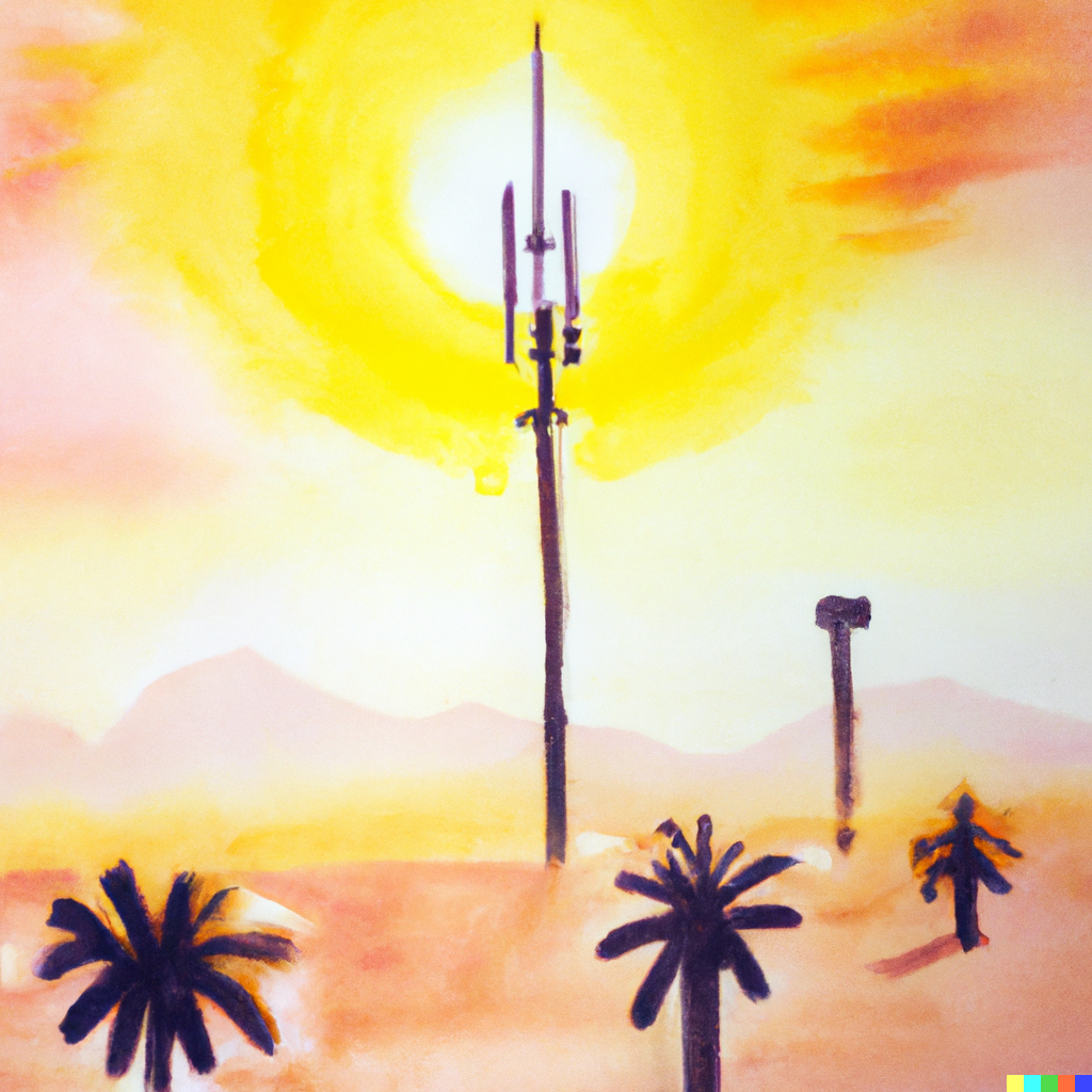 A digital painting in the style of a watercolor presents a blinding white sun behind the reach of a tall cell phone tower rising up out of the dessert. The sun is ringed in yellow and the palette of oranges, pinks, and burnt umber rounds out the image, with faint mountains in the background and three date palms in front.