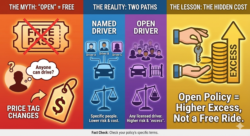 Quashed 2026 infographic comparing Named Driver vs Open Driver car insurance policies, illustrating higher excess risks and hidden costs.