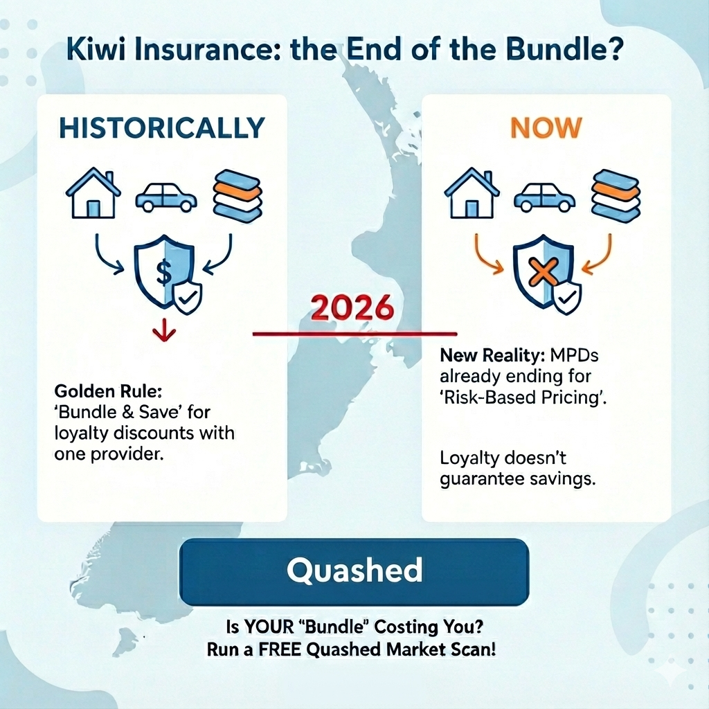 Timeline of NZ insurance companies removing multi-policy discounts 2024-2026 - Data by Quashed.