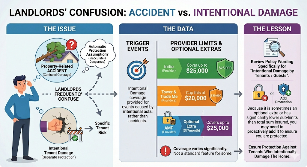 Quashed infographic for 2026 showing the difference between property accidents and intentional damage by tenants, including provider limits from Initio, Tower Insurance, Trade Me, and AMP.