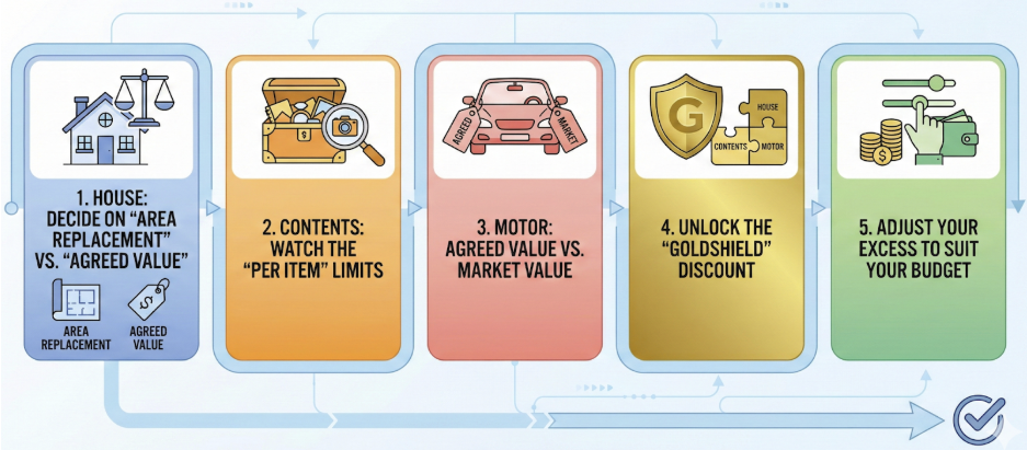 Step-by-step MAS Insurance guide infographic in New Zealand: 2026 Quashed Kiwi tips for house area replacement vs agreed value, contents per-item limits, motor agreed vs market value, Goldshield discount, excess adjustment.