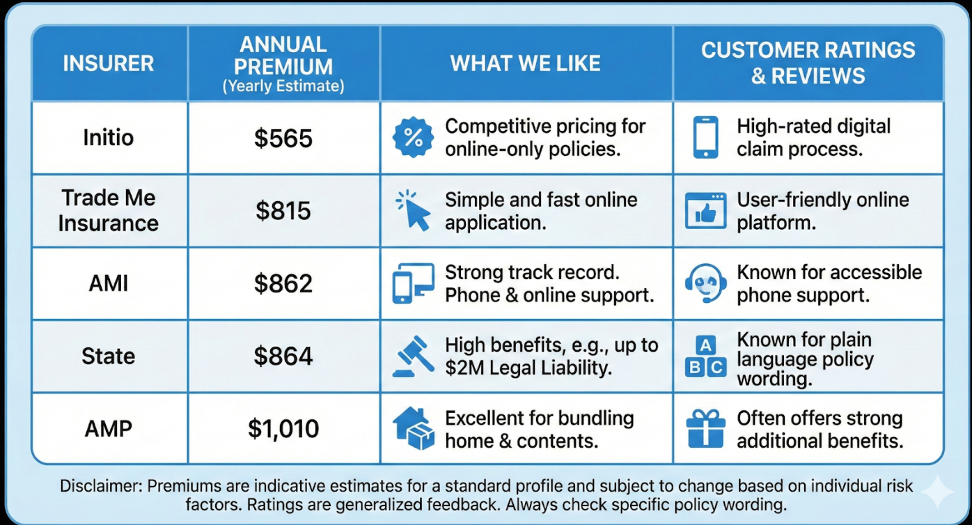 Quashed comparison of benefits and premiums for Initio, Trade Me, AMI, State, and AMP.