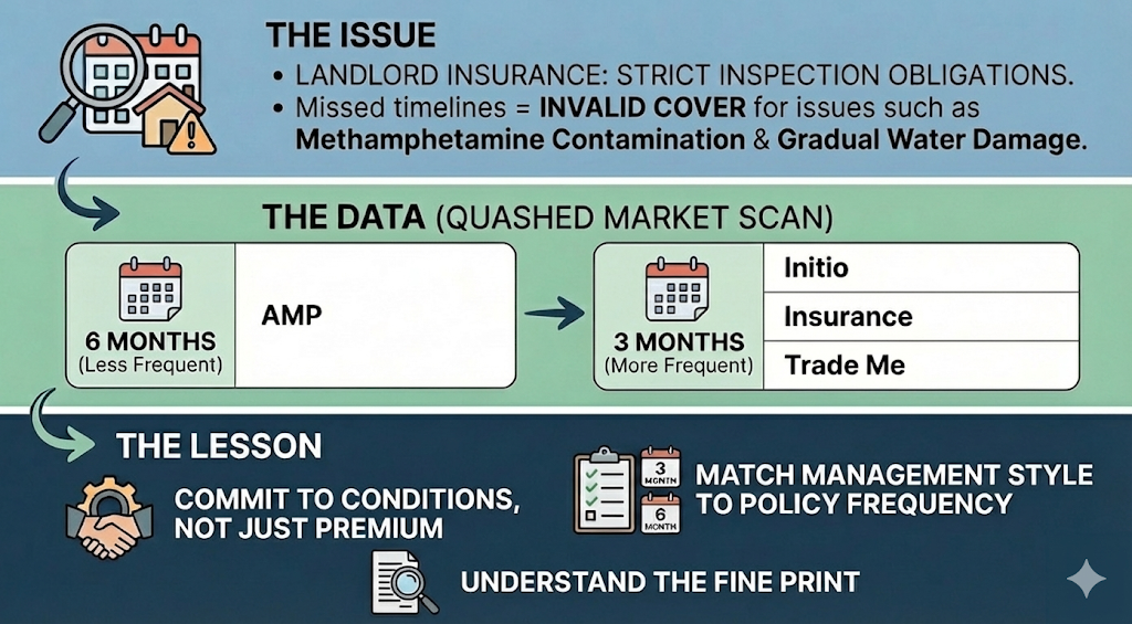 Quashed infographic comparing mandatory 2026 landlord insurance inspection frequency data.