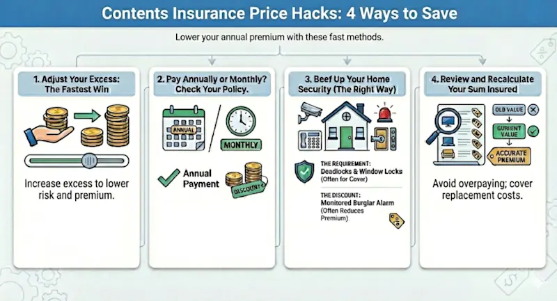 Infographic on price hacks for contents insurance: 4 ways to lower your premium including adjusting excess, paying annually, beefing up home security, and recalculating sum insured, by Quashed.