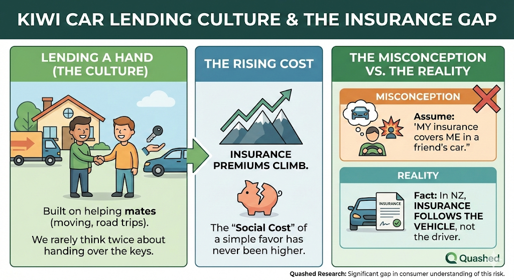 Quashed 2026 infographic showing Kiwi car lending risks and the reality that insurance follows the vehicle not the driver.