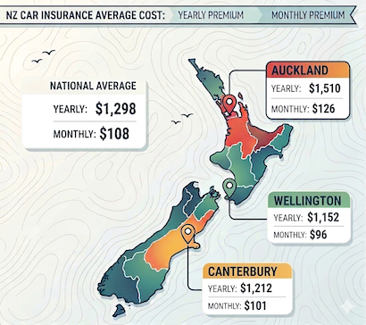 Map of New Zealand showing average car insurance premiums by region according to Quashed Index data.