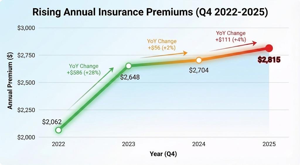 Line graph from Quashed showing a 36.5% increase in New Zealand annual insurance premiums between 2022 and 2025, updated for 2026 buyers