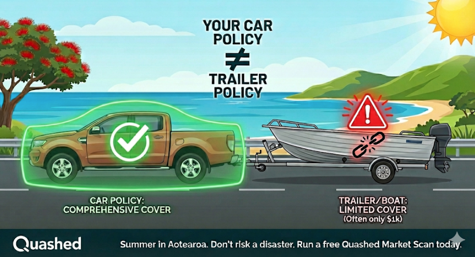 Quashed 2026 infographic showing car insurance covers the vehicle but limits boat and trailer coverage.