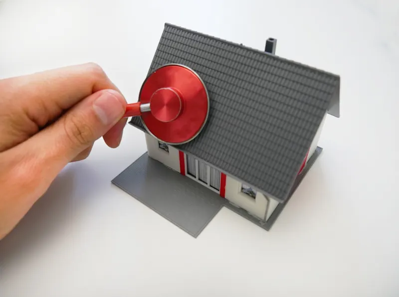 Hand using red stethoscope to examine miniature house model, illustrating contents insurance protection by Quashed. 