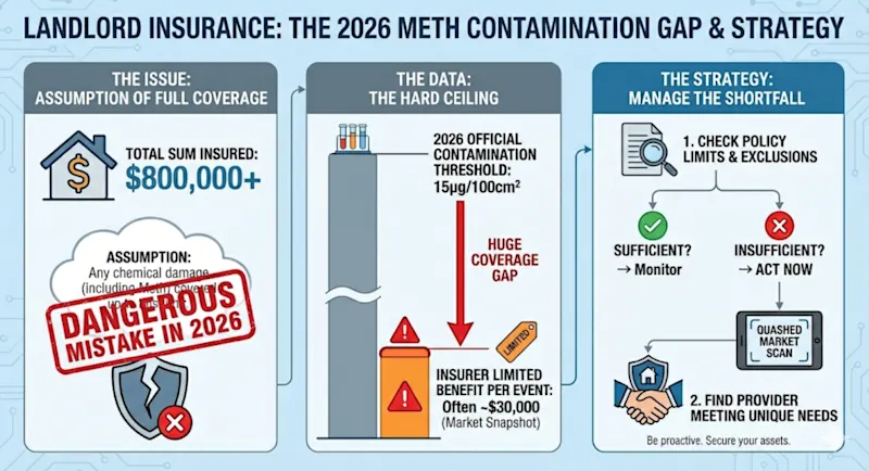 Infographic detailing the 2026 landlord insurance meth contamination gap and recommending a Quashed Market Scan.