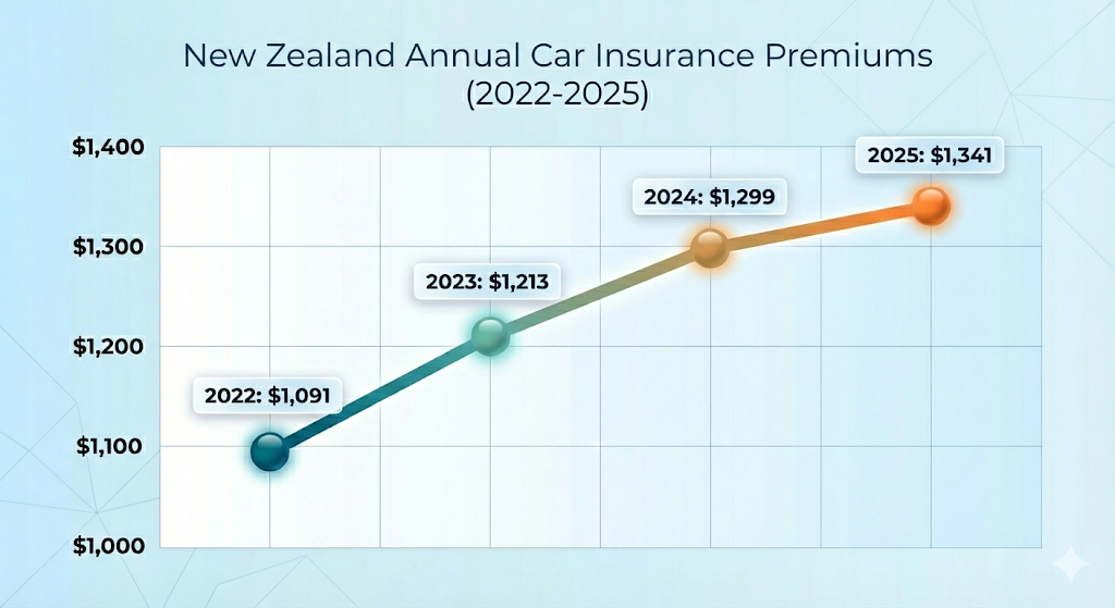 Quashed line graph tracking the steady increase in New Zealand annual car insurance premiums through 2026.
