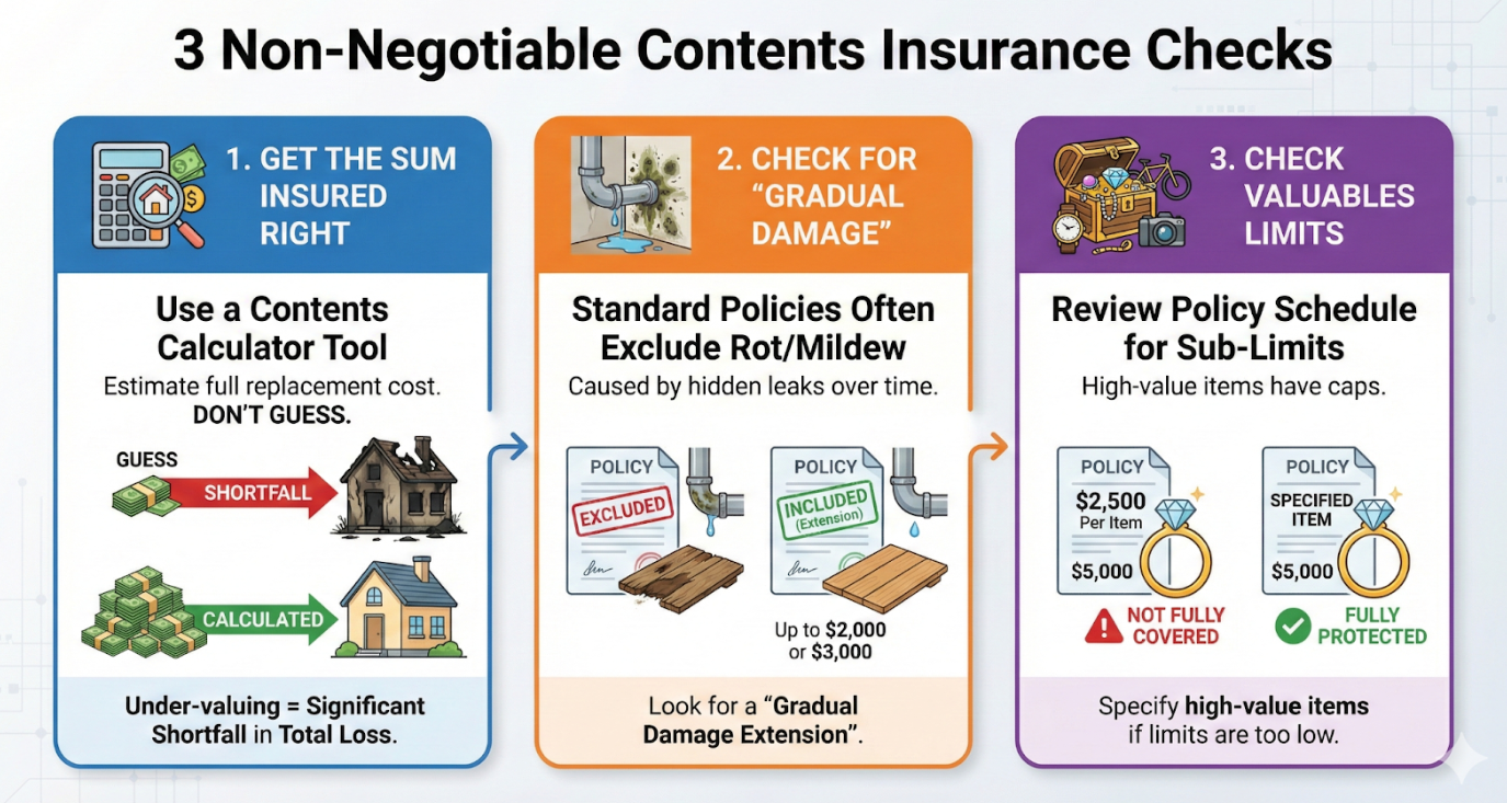 Quashed infographic: 3 essential checks for Sum Insured, Gradual Damage, and Valuables limits. 