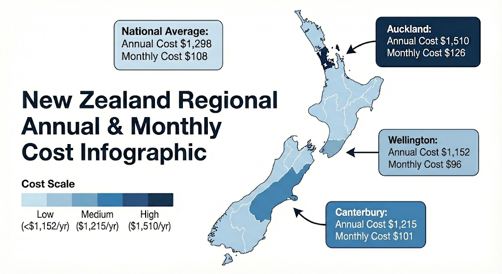 Quashed 2026 infographic map showing average car insurance costs: $1,510 in Auckland, $1,152 in Wellington, and $1,215 in Canterbury.