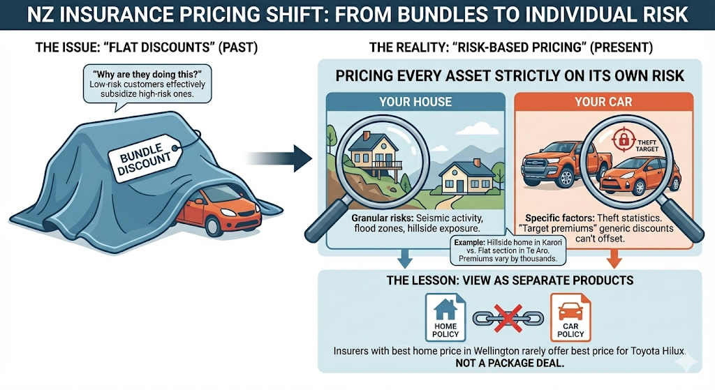 Quashed infographic illustrating the NZ insurance shift from bundle discounts to individual risk-based pricing ahead of 2026.