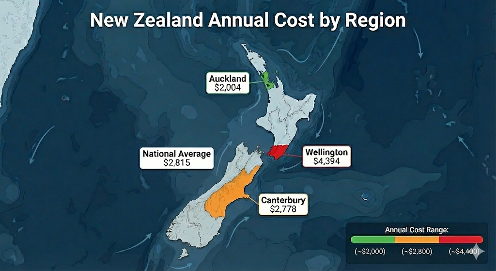 Quashed 2026 New Zealand house insurance costs by region: Auckland $2,004/year, Canterbury $2,778/year, Wellington $4,394/year showing premium difference between regions