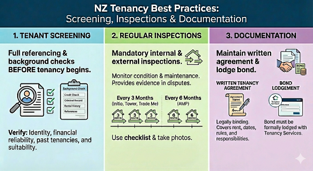Quashed 2026 NZ landlord guide for tenant screening and mandatory property inspections and tenancy agreement documentation.