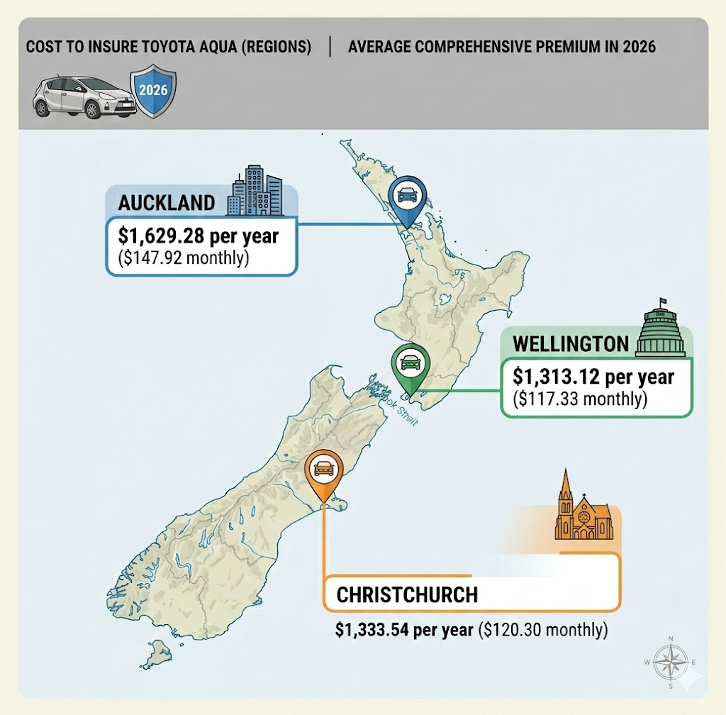 Infographic map of New Zealand showing 2026 Toyota Aqua insurance costs in Auckland, Wellington, and Christchurch, used to compare regional premiums and save with Quashed