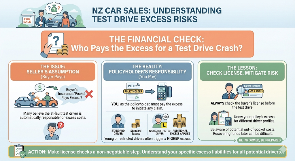 A Quashed 2026 financial check diagram debunking the assumption that buyers pay the excess, highlighting that the policyholder is responsible for costs after a test drive crash.