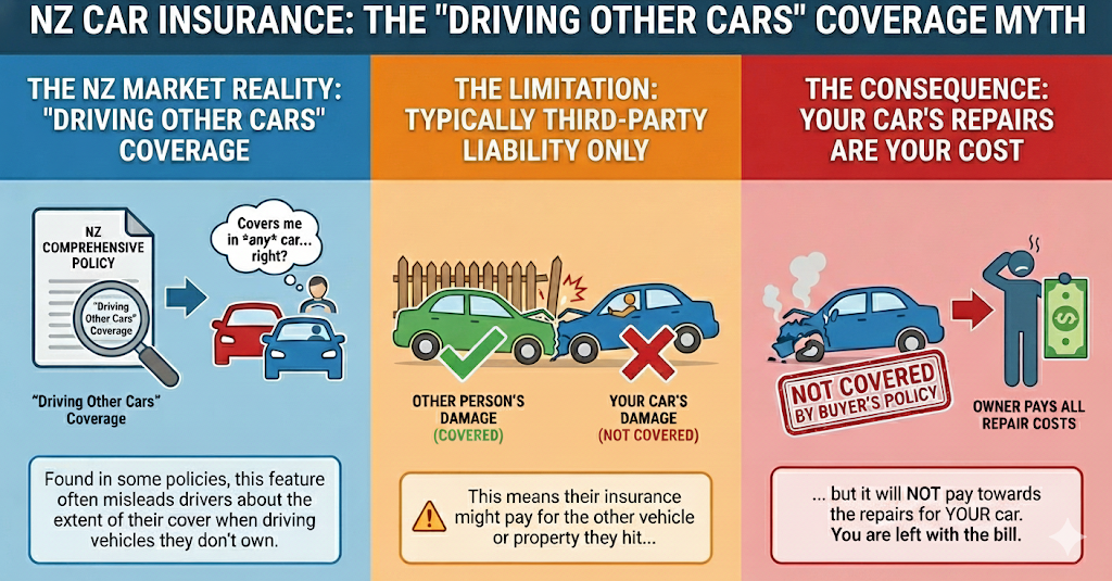 A Quashed 2026 myth-buster infographic showing that 'Driving Other Cars' coverage typically only includes third-party liability, leaving the seller with the bill for their own car's repairs.