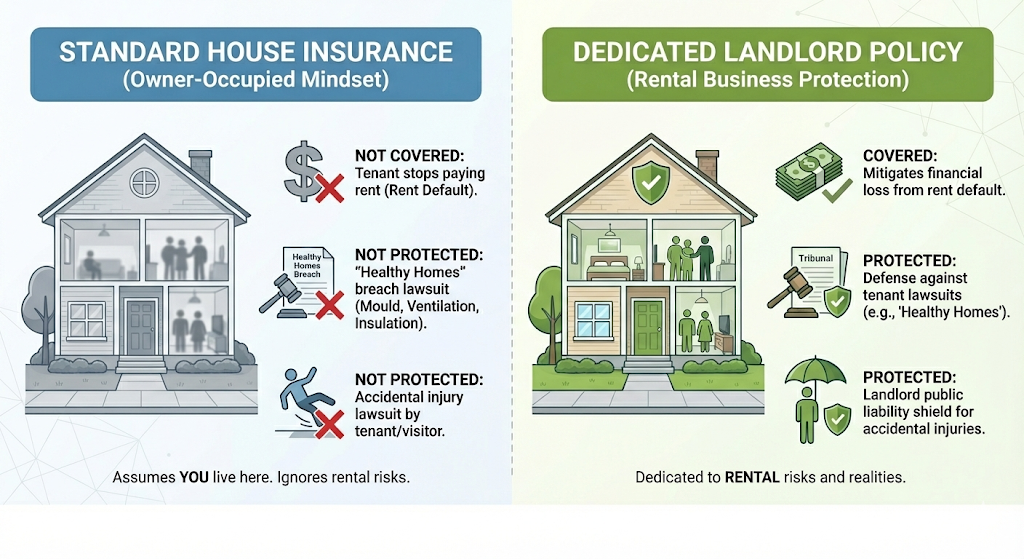 Quashed infographic for 2026 comparing standard house insurance versus a dedicated landlord policy for coverage gaps including rent default and Healthy Homes lawsuits.