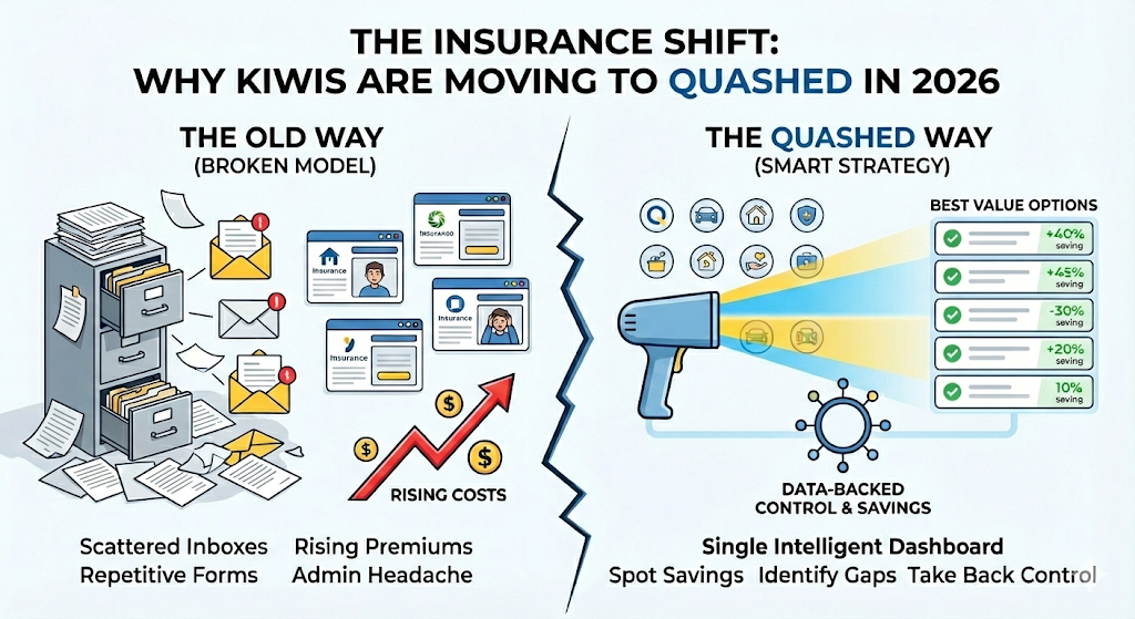 Quashed infographic contrasting scattered paperwork with the Quashed dashboard for tracking insurance savings.