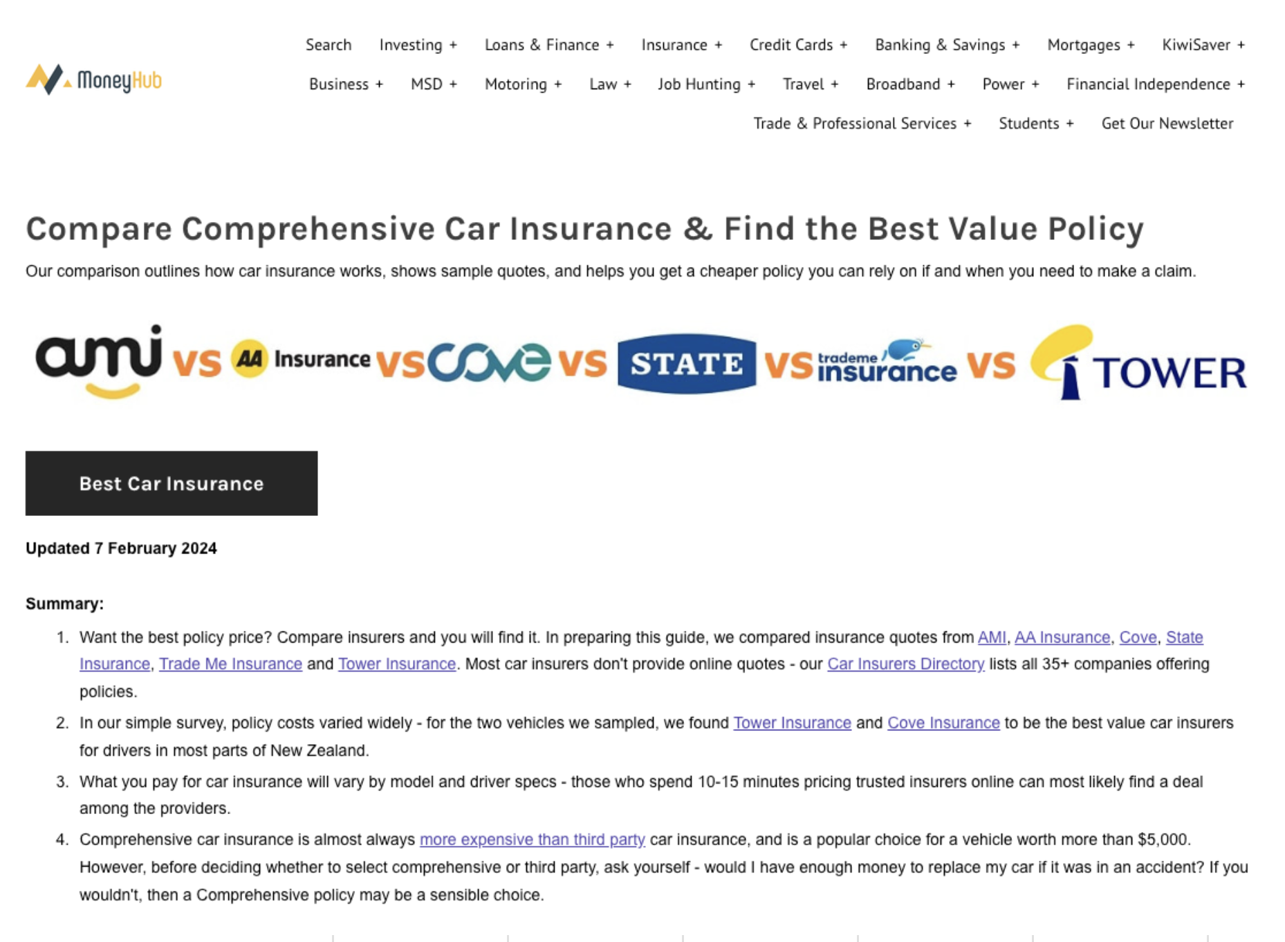 MoneyHub New Zealand insurance guide displaying general car insurance quotes from AA Insurance, AMI, State, Tower and Cove without Quashed's 2026 personalised pricing.