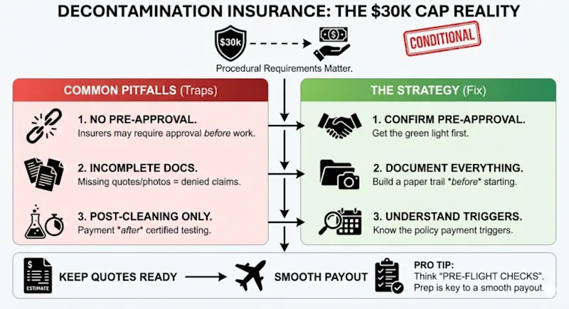 Quashed 2026 infographic detailing $30k decontamination insurance pitfalls and strategies to ensure successful claim payouts.