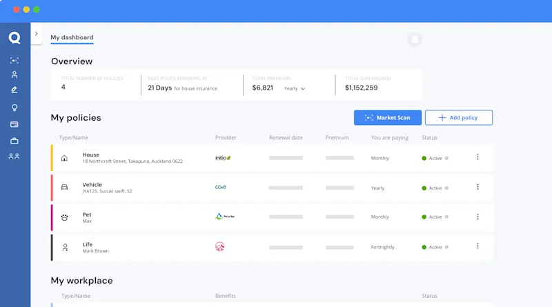 Quashed dashboard mockup