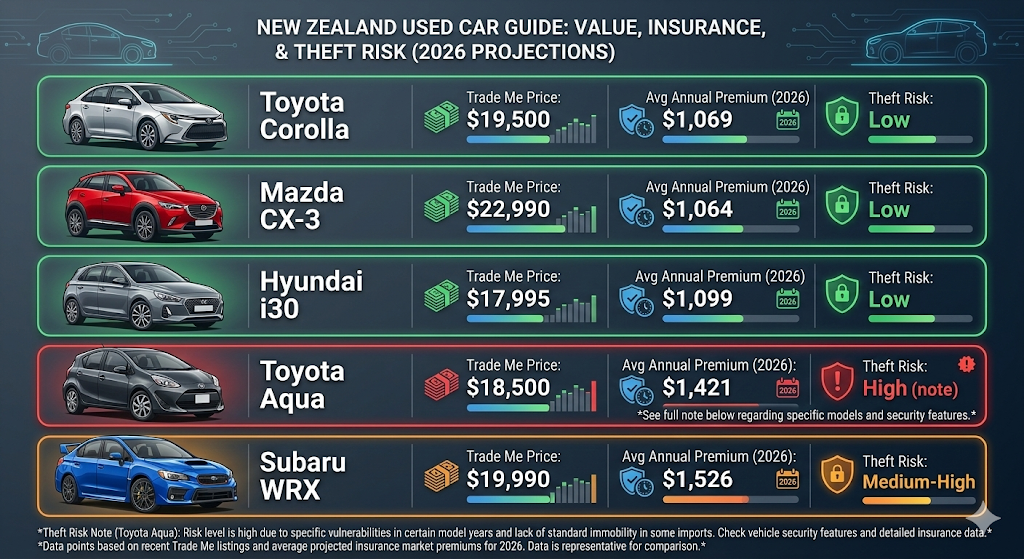 2026 infographic "The Road to Ownership" showing car prices and insurance premiums for various Trade Me models featured by Quashed.