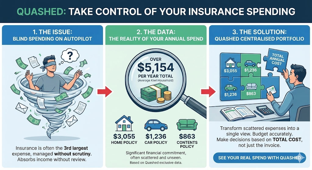 Quashed infographic comparing blind insurance spending against the Quashed Centralised Portfolio for managing $5,154 in annual costs.