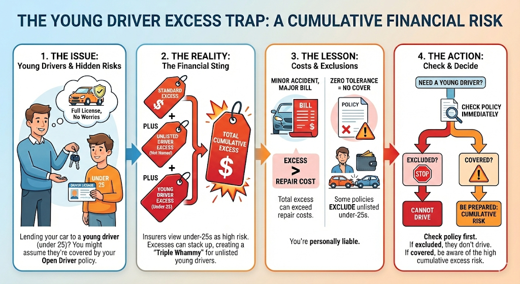 Quashed 2026 infographic explaining the unlisted young driver excess triple whammy in car insurance.