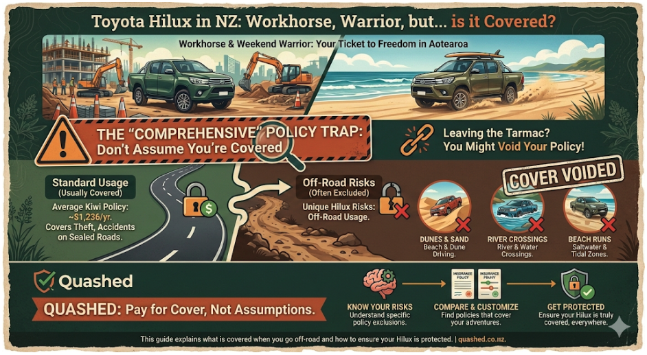 Infographic illustrating the insurance risks of beach driving and off-road exclusions for Toyota Hilux owners.