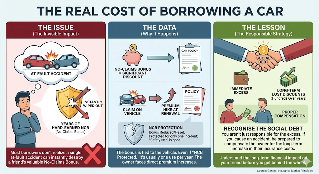 Quashed 2026 infographic illustrating the real financial cost and social debt of borrowing a car where an at-fault accident wipes out the owner's No-Claims Bonus and increases long-term premiums.