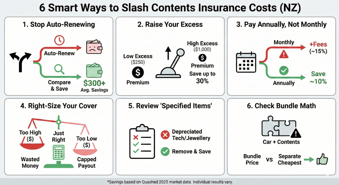 Infographic showing 6 strategies to lower NZ contents insurance premiums, such as raising excess, avoiding auto-renewal, and comparing quotes via Quashed.