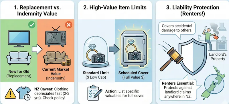 Quashed infographic checklist: Essential features for the best NZ contents insurance cover in 2025.