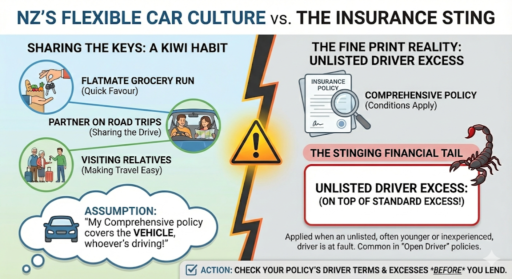 Quashed 2026 infographic comparing Open Driver vs Named Driver car insurance policies, illustrating the additional 'hidden' excess risk for unlisted drivers.