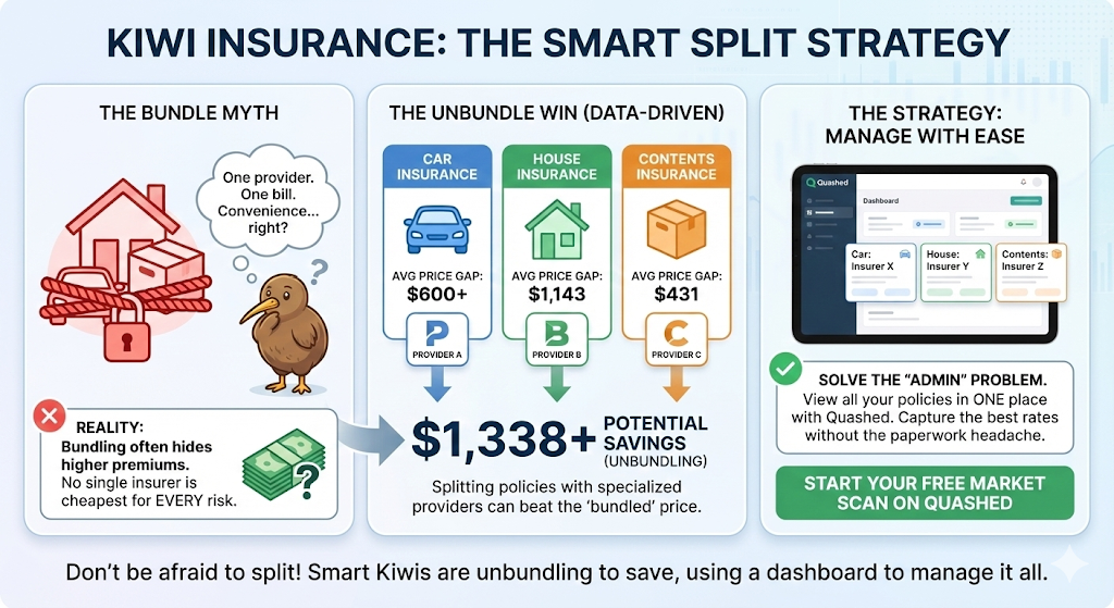 Visual representation of the combined savings Kiwis can achieve by splitting their car, house, and contents policies.