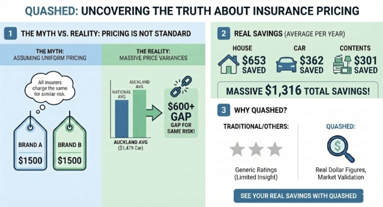 Quashed infographic debunking insurance pricing myths: Data shows price gaps exceeding $600 for the same car insurance risk. Average annual savings include $653 for house, $362 for car, and $301 for contents insurance, totaling massive savings of $1,316.