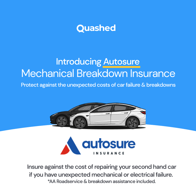 Quashed promotional graphic for Autosure Mechanical Breakdown Insurance. Covers repair costs for second-hand car failures and includes AA Roadservice.