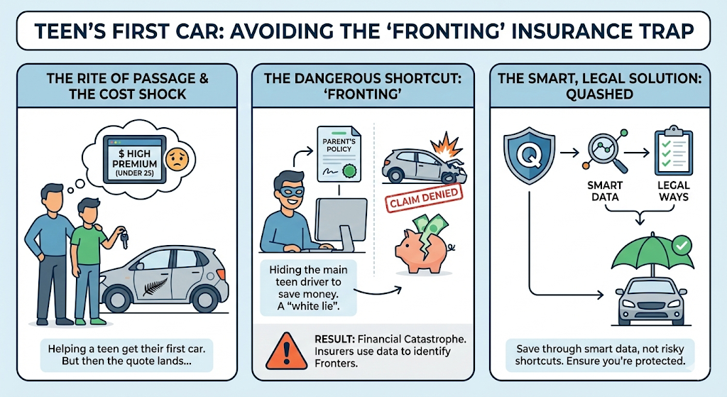Quashed 2026 infographic on avoiding the teen car insurance fronting trap.