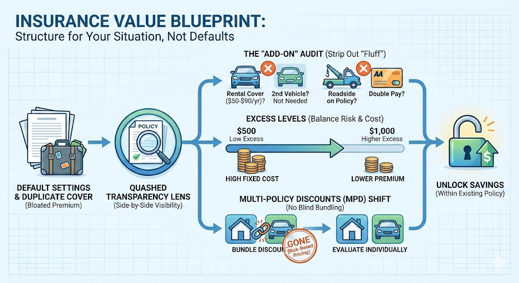 Insurance Value Blueprint infographic detailing how auditing add-ons, raising excess, and evaluating bundles individually unlocks policy savings.
