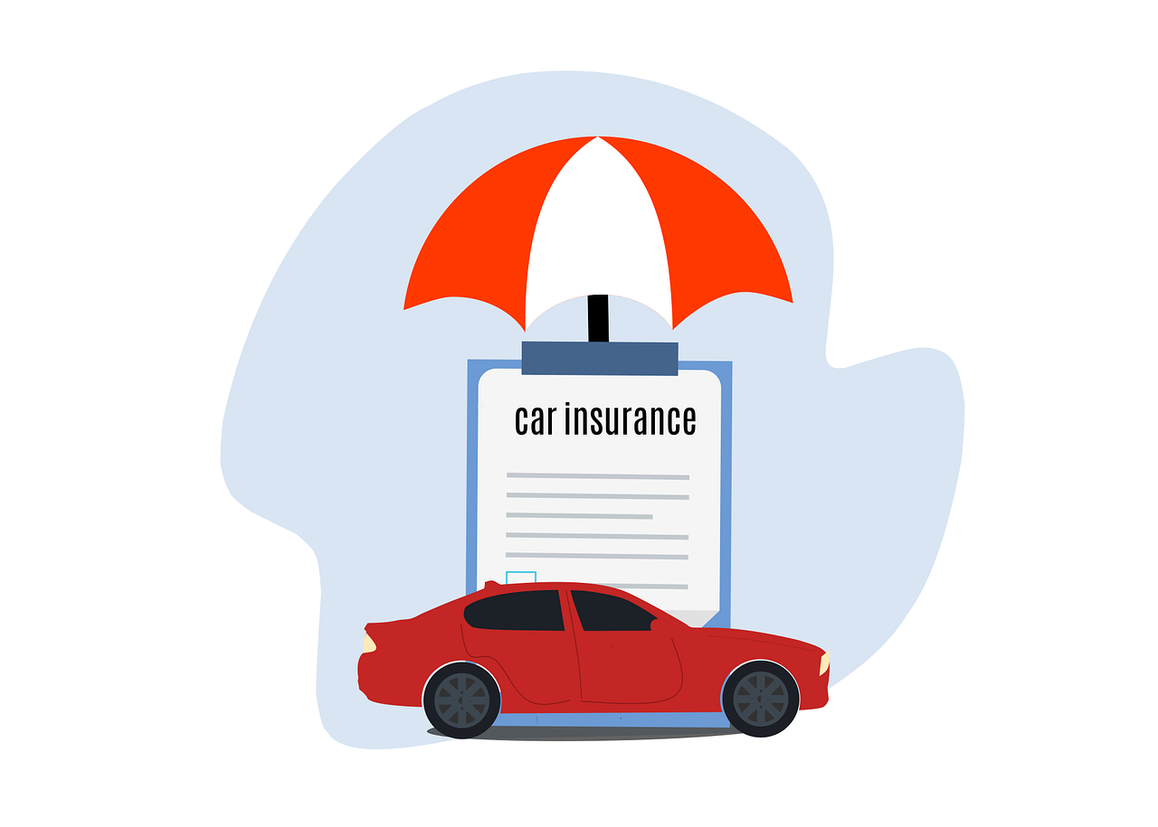 Red car protected by a large insurance umbrella and policy document, representing 2026 comprehensive cover through Quashed.