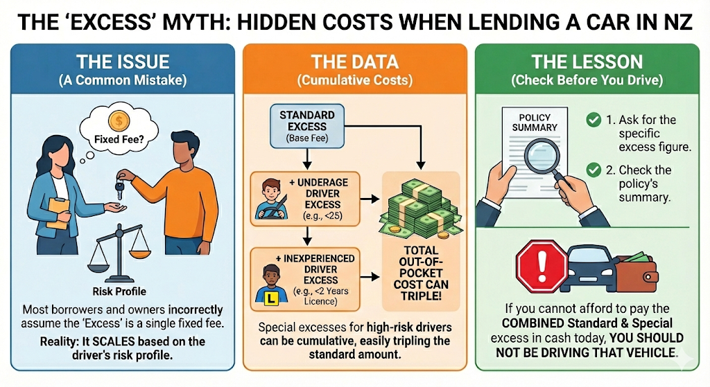 Quashed 2026 infographic illustrating how car insurance excesses scale based on the driver showing that cumulative special excesses for underage or inexperienced drivers can significantly increase costs.