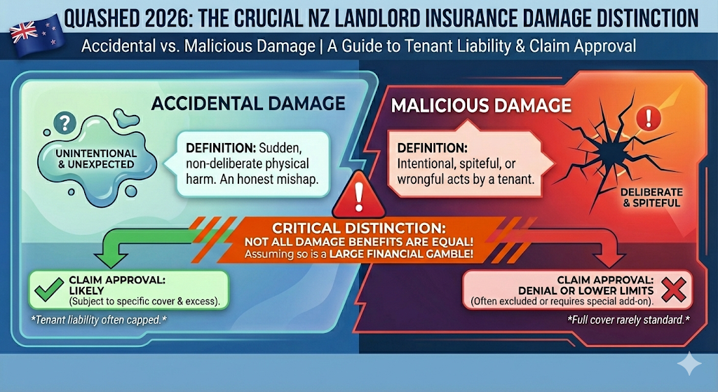 Quashed 2026 infographic on NZ Landlord Insurance: Visual comparison distinguishing "Accidental Damage" from "Malicious Damage" and the impact on claim approval.